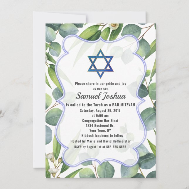 Lush Eucalyptus Leaves Star of David Bar Mitzvah Invitation (Front)