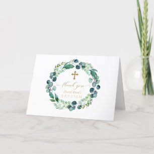 Lush Eucalyptus Wreath Gold Photo Boy Baptism Thank You Card
