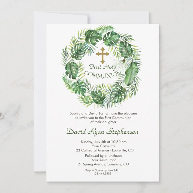 Lush Exotic Greenery Gold Cross Holy Communion Invitation (Front)