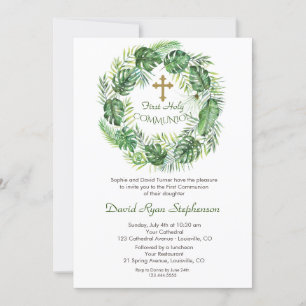 Lush Exotic Greenery Gold Cross Holy Communion Invitation