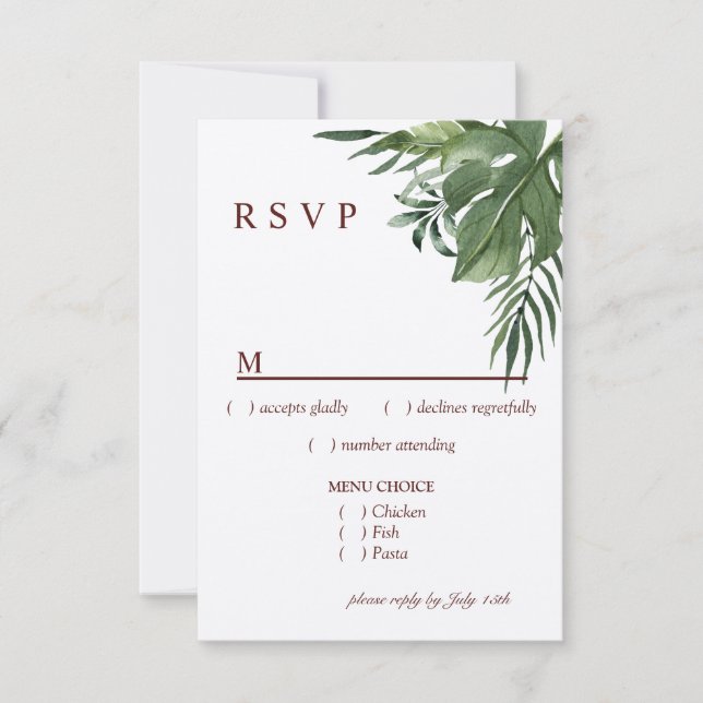 Lush Exotic Tropical Palm Leaves Menu RSVP (Front)