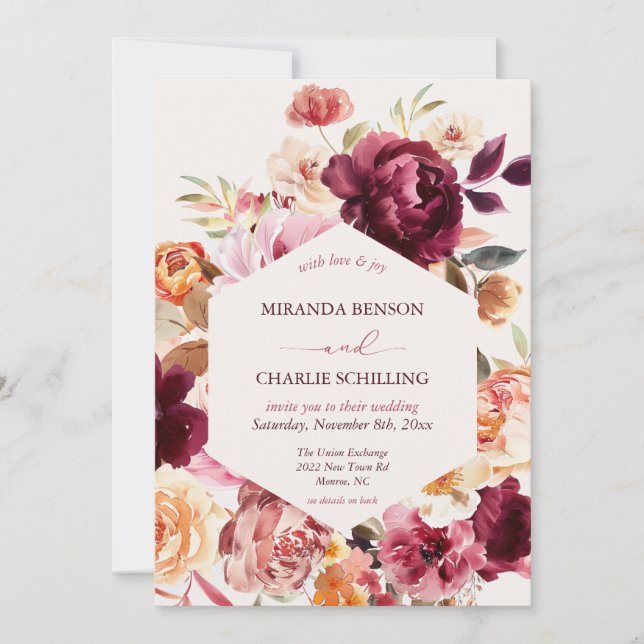 Lush Fall Floral Wedding Invitation with QR code (Front)