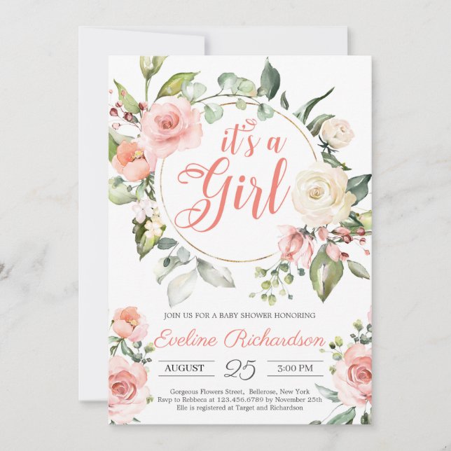 Lush floral blush pink roses boho baby shower invitation (Front)