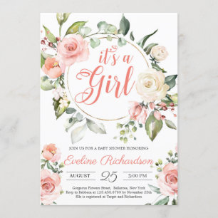 Lush floral blush pink roses boho baby shower invitation