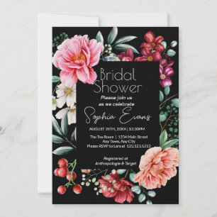Lush Floral Bordered Modern Black Bridal Shower Invitation