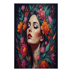 "Lush Floral Dream Woman Vibrant Portrait Art" Poster