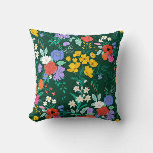 Lush Floral Garden on Deep Green Cushion
