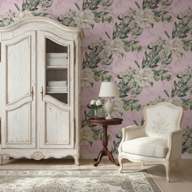 Lush Florals And Elegant Pink Marble Pattern Wallpaper (Creator Uploaded)