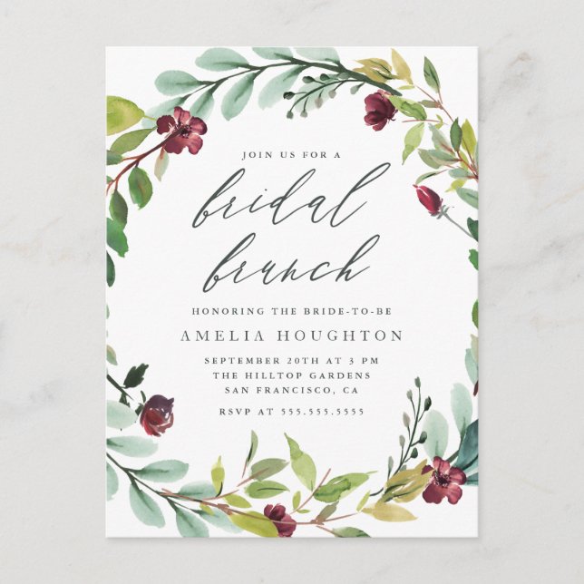 Lush Foliage Wreath Handwritten Bridal Brunch Invitation Postcard (Front)