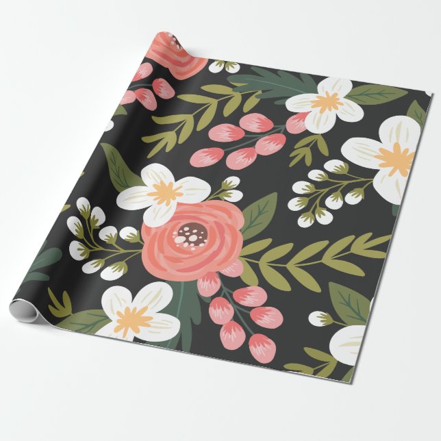 Lush Folksy Florals in Black and Pink Wrapping Paper (Unrolled)