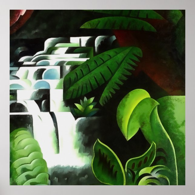 Lush Forest Waterfall In Geometric Art Style v2 Poster (Front)