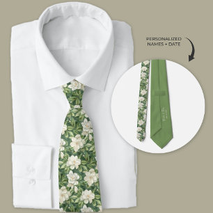 Lush Garden Green and White Gardenia Floral  Tie