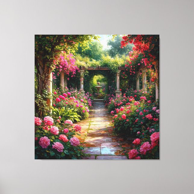 Lush Garden Path With Rose Bushes Canvas Print (Front)