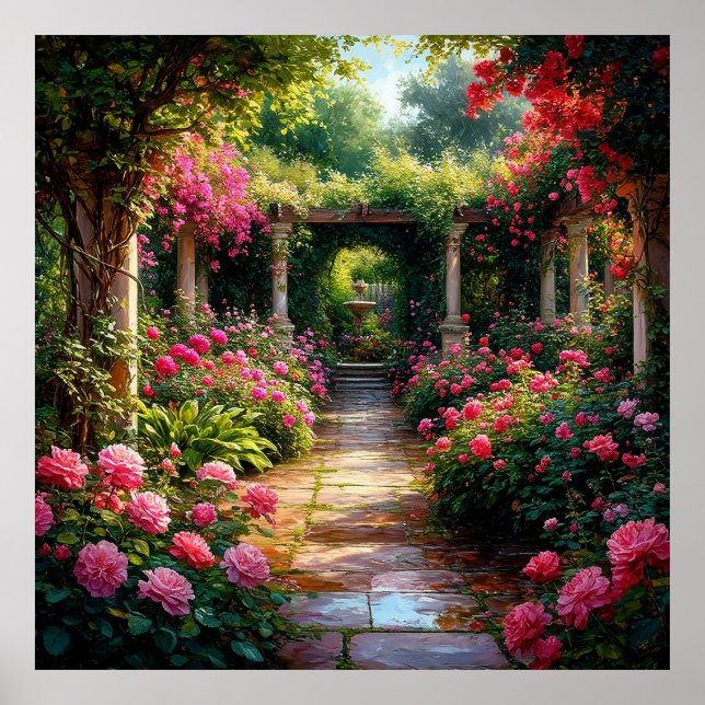 Lush Garden Path With Rose Bushes Poster (Front)