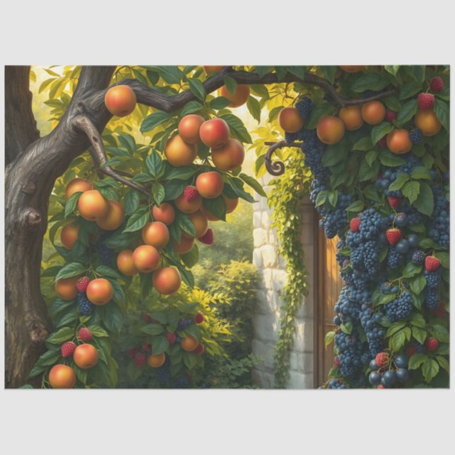 Lush Garden Scene With Ripe Apples And Grapes Tissue Paper (Front)