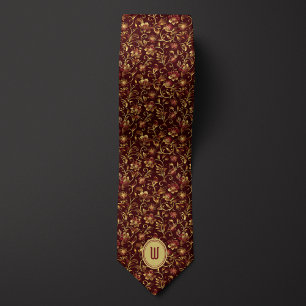 Lush Gold Flowers on Burgundy Monogram Tie