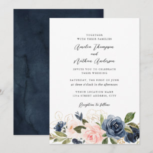 Lush Gold Navy Pink Floral Wedding Invitation