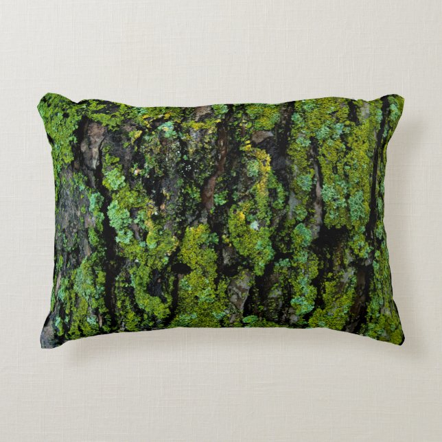 Lush, green, and mossy tree trunk decorative cushion (Front)