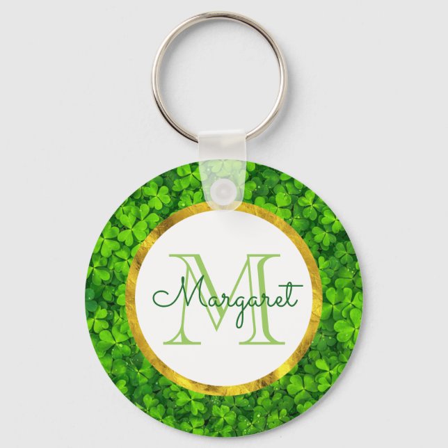 Lush Green Clovers with FAUX Gold Foil & Monogram Key Ring (Front)