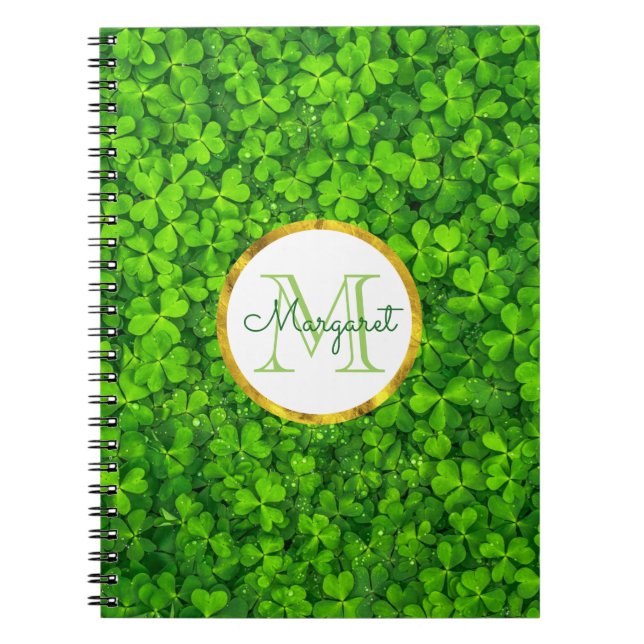 Lush Green Clovers with FAUX Gold Foil & Monogram Notebook (Front)