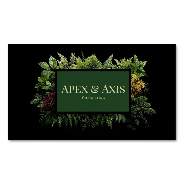 Lush Green Fern Foliage Black Modern Botanical Magnetic Business Card (Front)