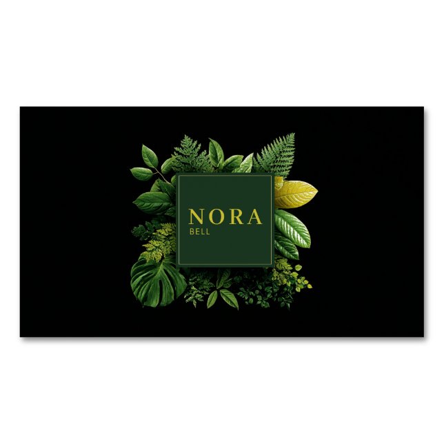 Lush Green Foliage Black Gold Frame Botanical Magnetic Business Card (Front)