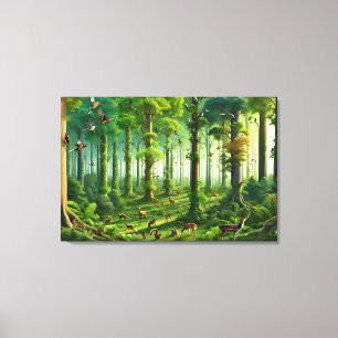 Lush Green Forest with Cute Birds and Animals Canvas Print