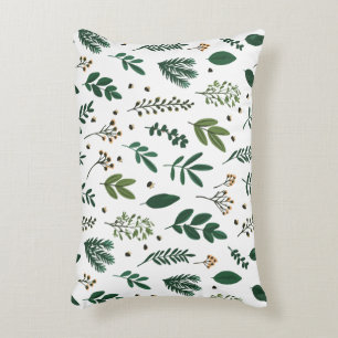 Lush Green Leaves And Flowers on White Decorative Cushion