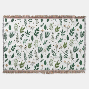 Lush Green Leaves And Flowers on White Throw Blanket