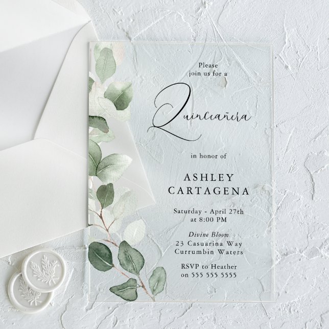 Lush Green Leaves Modern Quinceanera  Acrylic Invitations (Creator Uploaded)