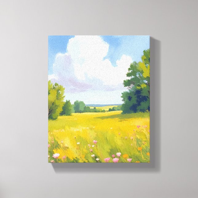 Lush Green Meadow Nature Landscape Painting Canvas Print (Front)