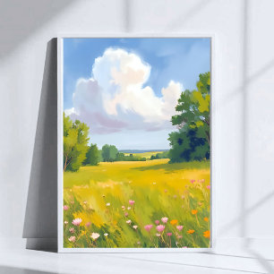 Lush Green Meadow Nature Landscape Painting Poster