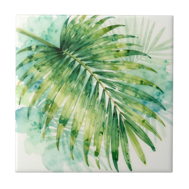 Lush Green Palm Frond Watercolor Tropical  Tile (Front)