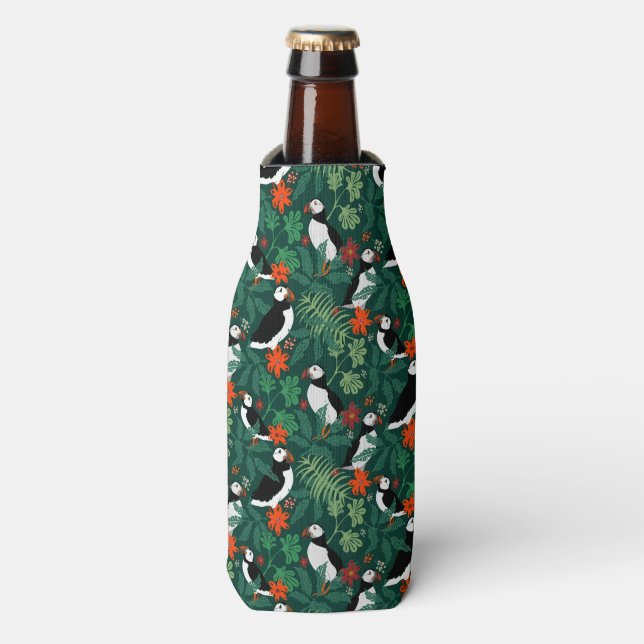 Lush Green Puffin Pattern Bottle Cooler (Bottle Front)