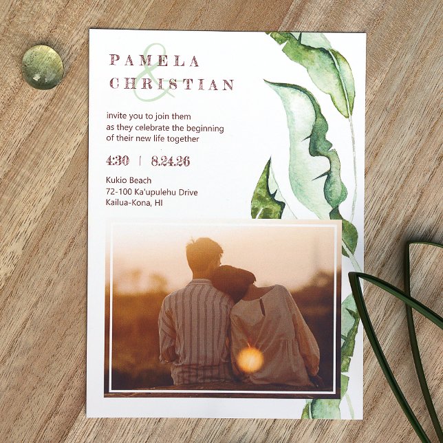Lush Green Tropical Banana Leaves Photo Wedding  Invitation (Light Green Tropical Leaves Photo Wedding Invitation, Sage Green and Brown Theme Colors)