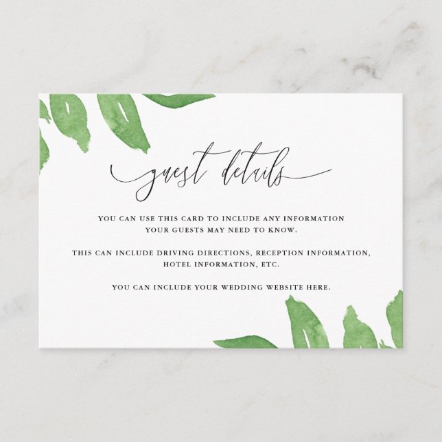 Lush Greenery and Blooms Wedding Guest Details Enclosure Card (Front)