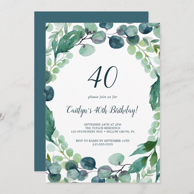 Lush Greenery and Eucalyptus 40th Birthday Invitation (Front/Back)