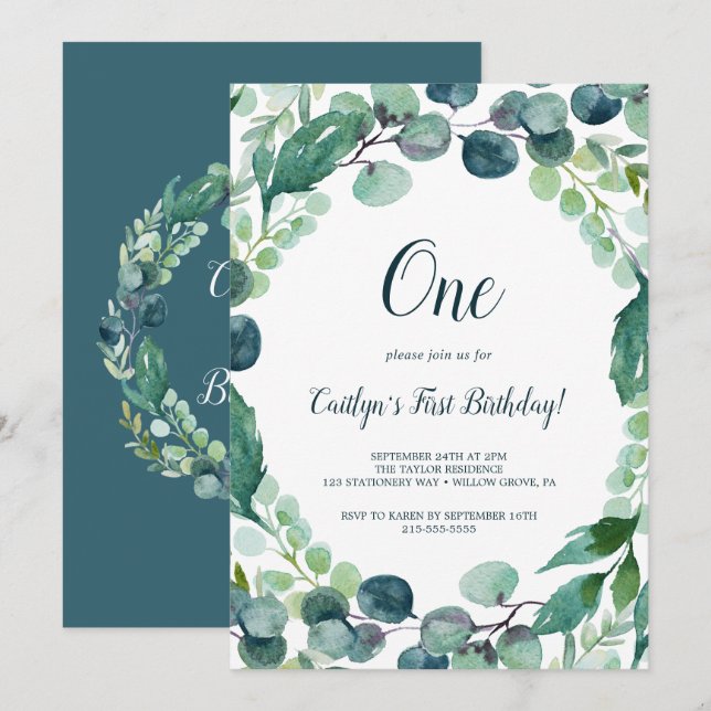 Lush Greenery and Eucalyptus First Birthday Invitation (Front/Back)