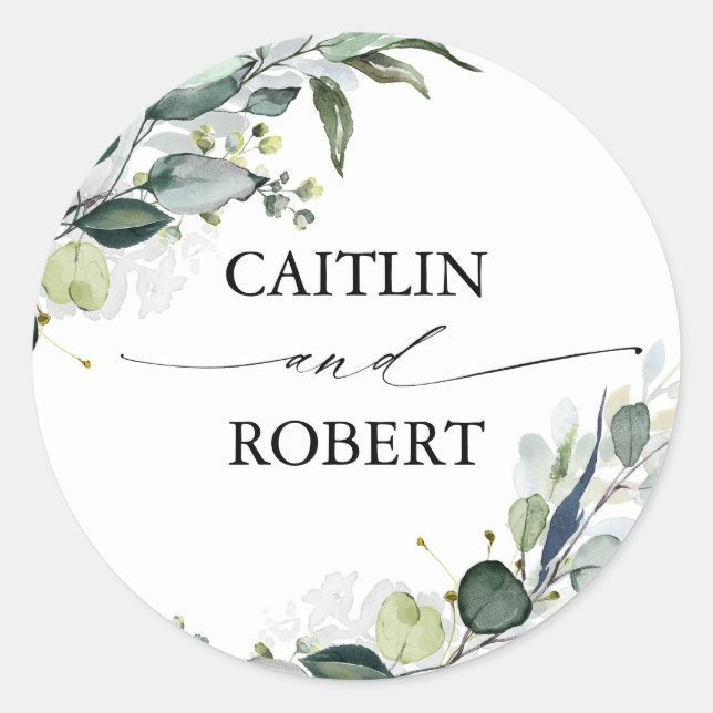 Lush Greenery and Eucalyptus Foliage Elegant Classic Round Sticker (Front)