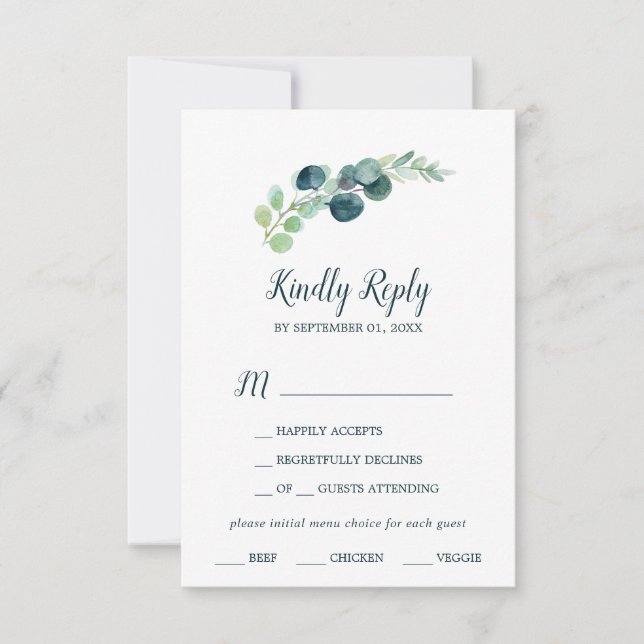 Lush Greenery and Eucalyptus Menu Choice RSVP Card (Front)