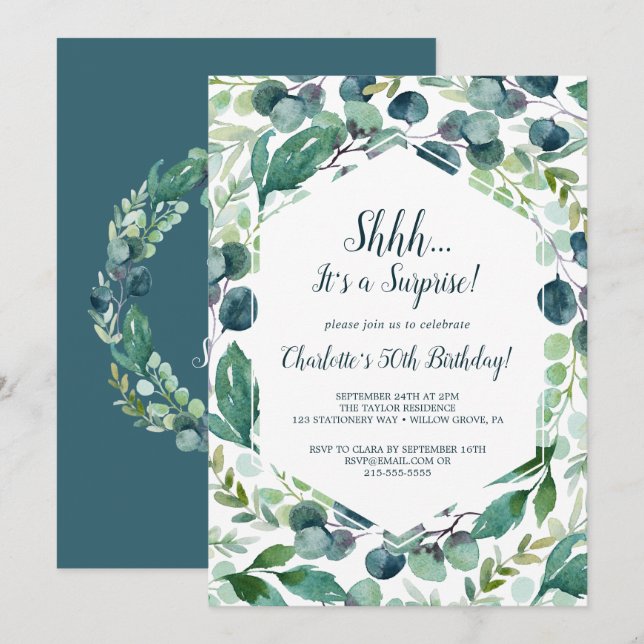 Lush Greenery and Eucalyptus Surprise Party Invitation (Front/Back)