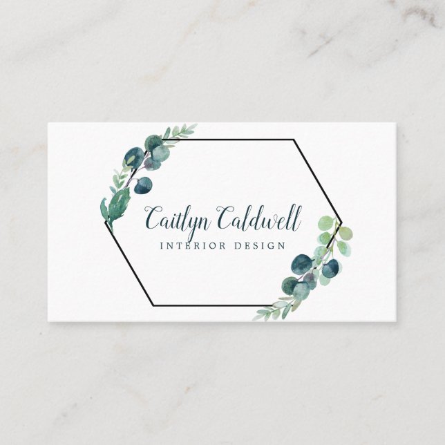 Lush Greenery Black Geometric Business Card (Front)