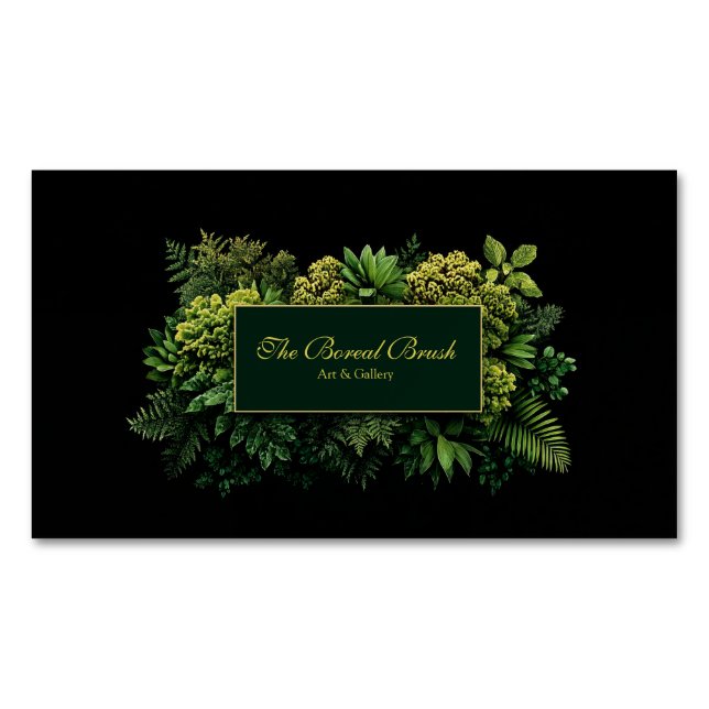 Lush Greenery Black Gold Frame Botanical Magnetic Business Card (Front)