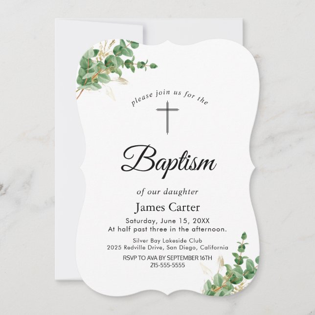Lush Greenery & Eucalyptus Baptism Invitation (Front)