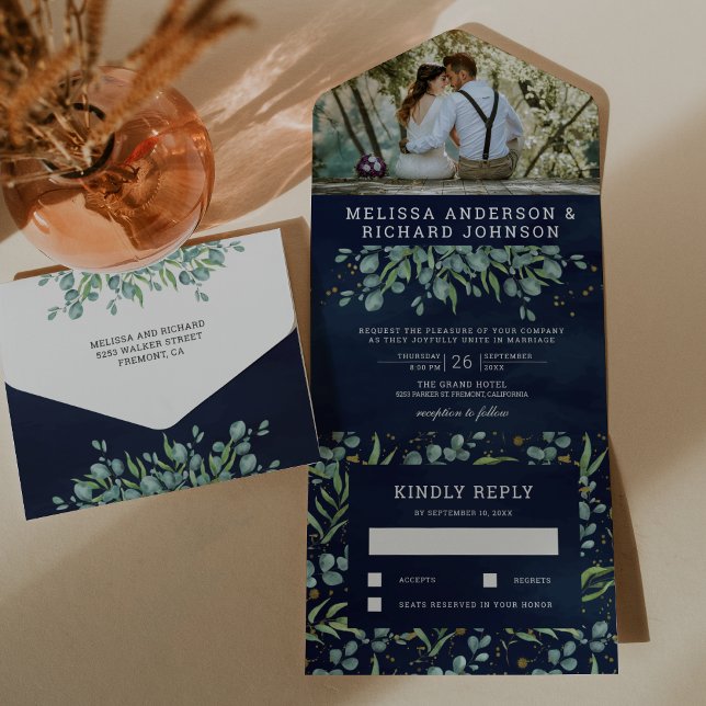 Lush Greenery Eucalyptus Leaves Navy Blue Wedding All In One Invitation (Creator Uploaded)