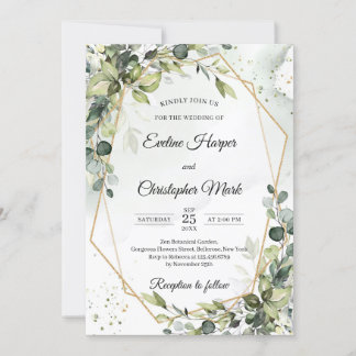 Lush greenery foliage gold geometric frame wedding invitation