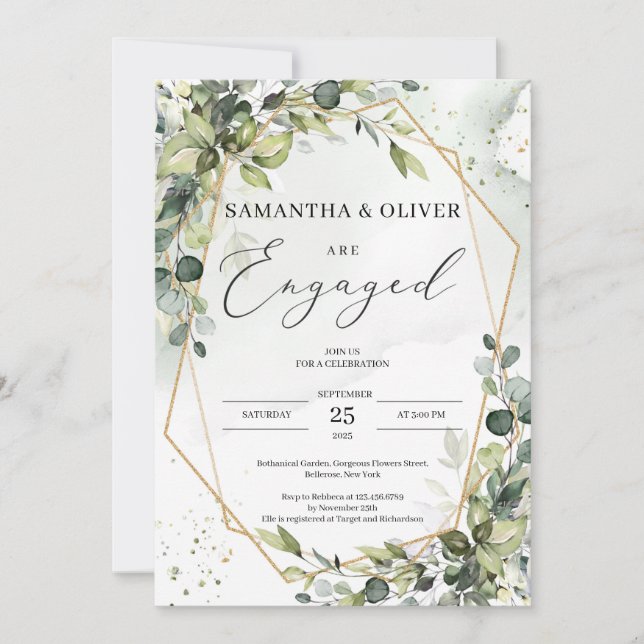 Lush greenery gold geometric boho engagement invitation (Front)