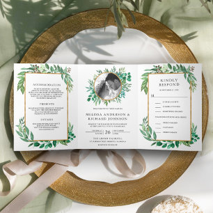 Lush Greenery Leaves Gold Frame All in One Wedding Tri-Fold Invitation