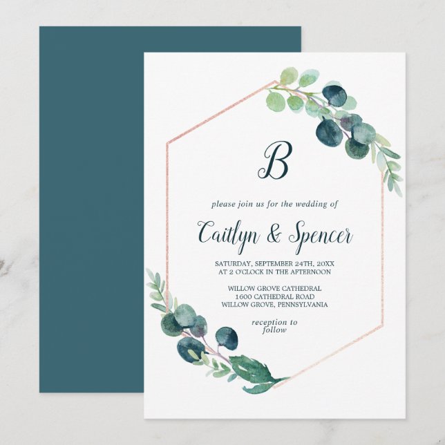 Lush Greenery Rose Gold Geometric Monogram Wedding Invitation (Front/Back)