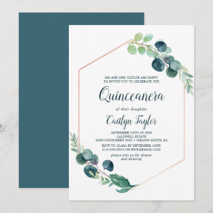 Lush Greenery Rose Gold Geometric Quinceañera Invitation